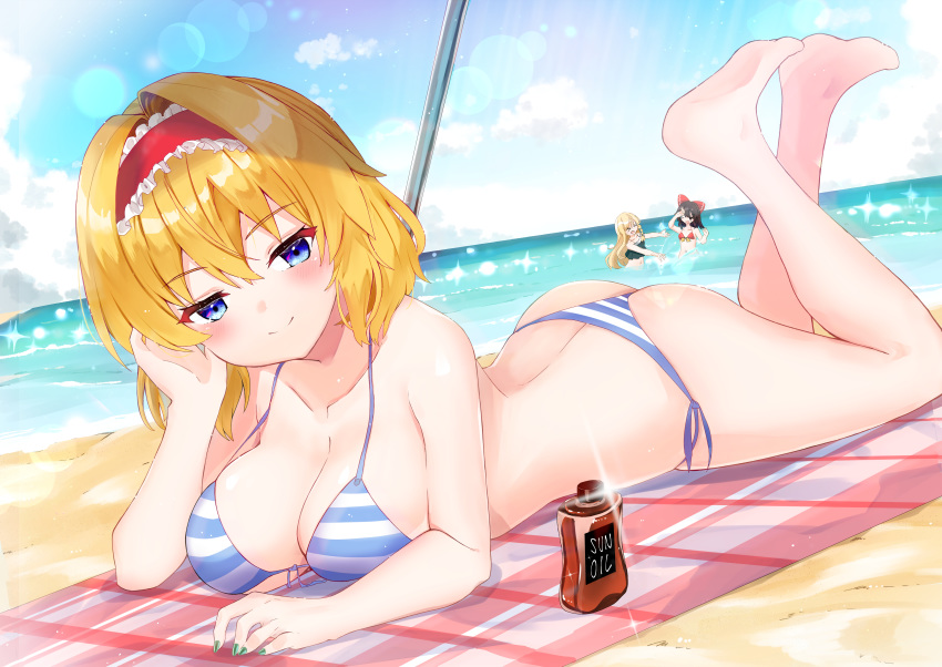 3girls absurdres alice_margatroid ass beach bikini blonde_hair blue_eyes blue_stripes blush breasts cleavage closed_mouth collarbone eyebrows_visible_through_hair frilled_hairband frills hair_ornament hairband hakurei_reimu highres huge_filesize kirisame_marisa large_breasts looking_at_viewer lying meteor_(yamashou) multiple_girls nail_polish ocean on_stomach outdoors shiny shiny_hair shiny_skin short_hair side-tie_bikini smile striped striped_bikini swimsuit swimwear touhou