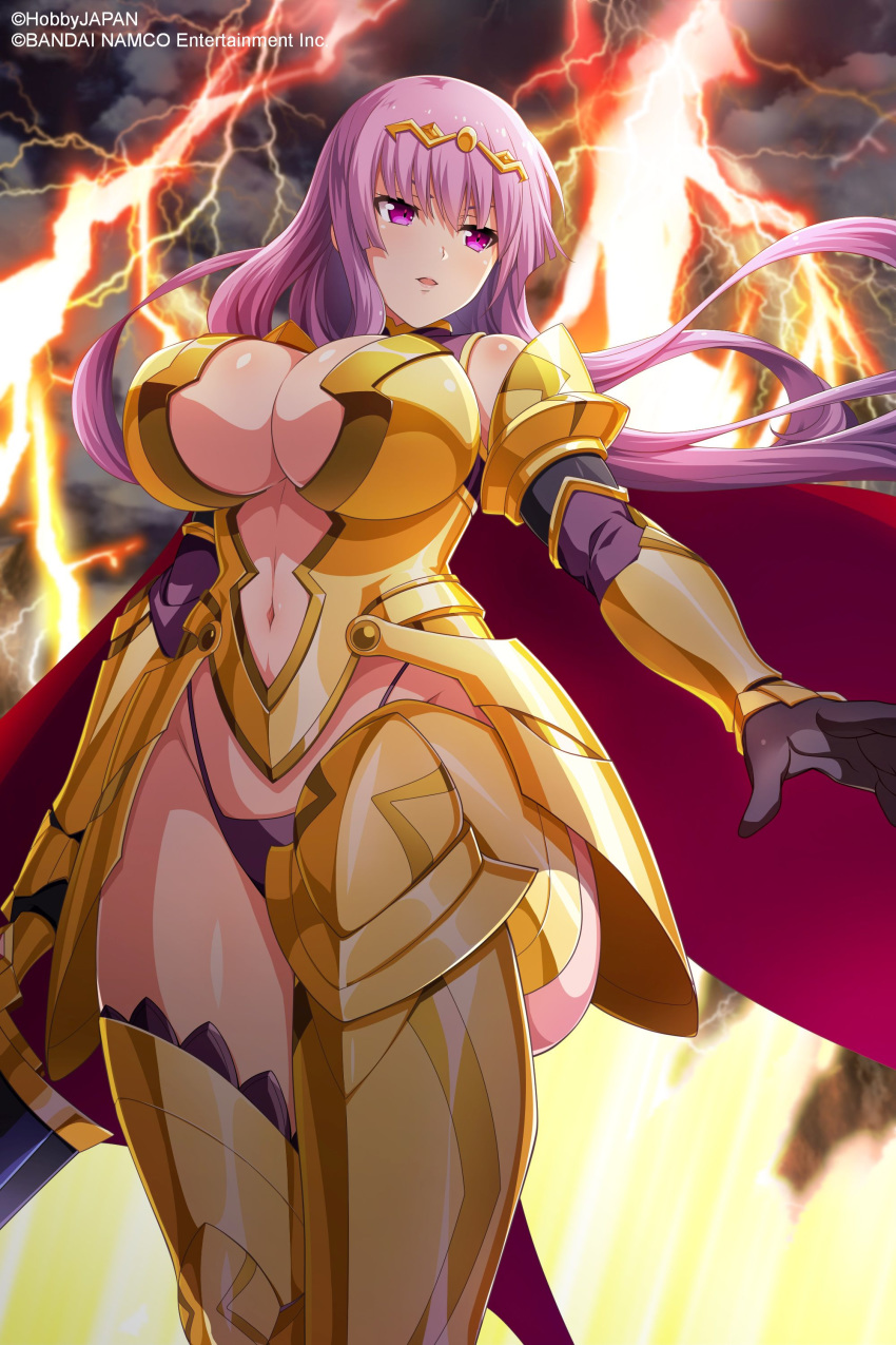 1girl absurdres armor armored_boots artist_request bangs bikini_armor black_gloves boots breastplate breasts cape center_opening circlet claudette_(queen's_blade) cleavage_cutout clothing_cutout company_connection elbow_gloves gloves gold_armor highres large_breasts long_hair navel navel_cutout official_art panties purple_eyes purple_hair queen's_blade queen's_blade_unlimited queen's_blade_white_triangle shoulder_armor solo spaulders thighs underwear vambraces