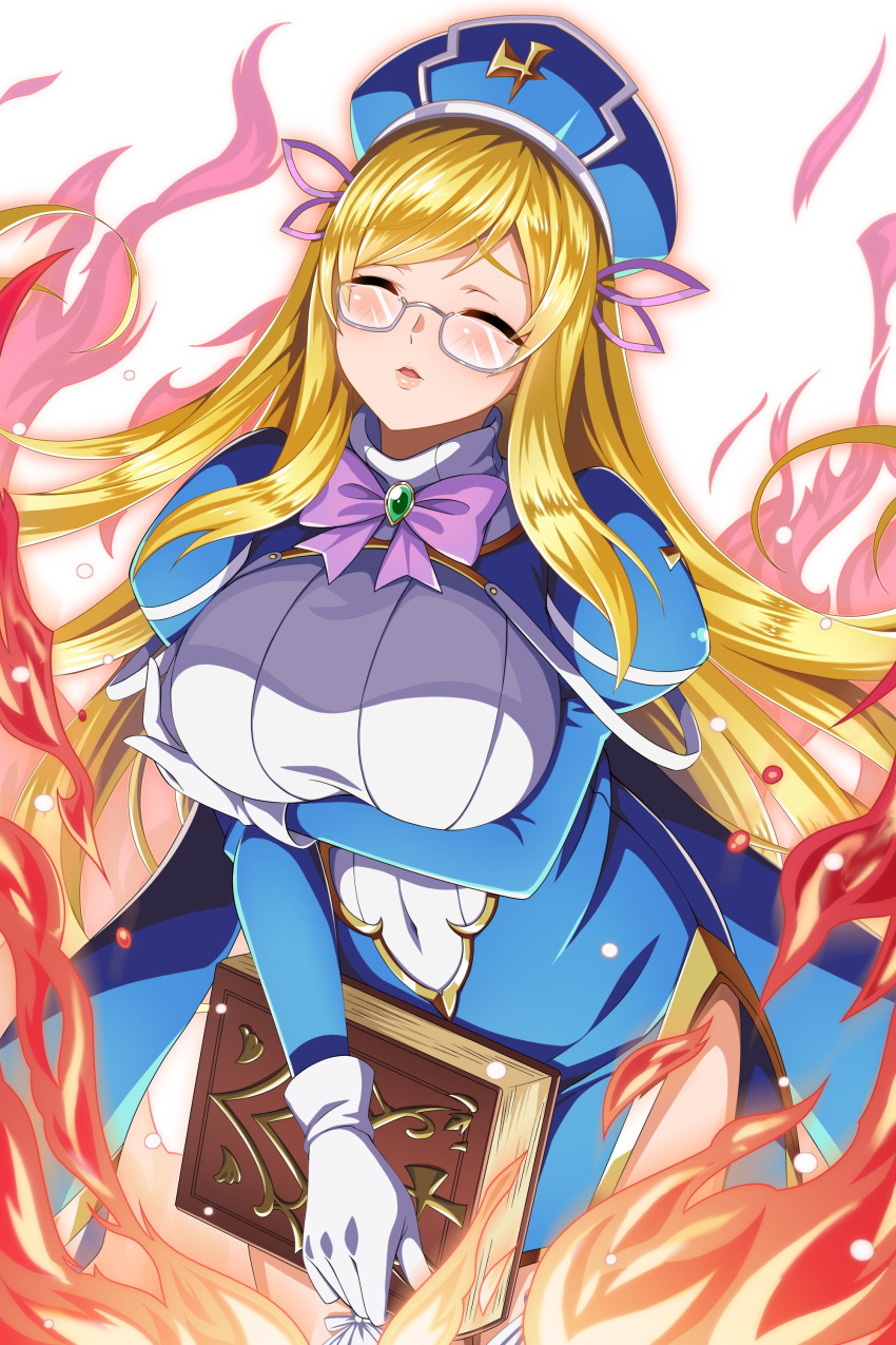 1girl absurdres bangs blonde_hair blue_dress blush book bow breasts closed_eyes dress fire garter_straps gloves hat highres holding holding_book juliet_sleeves large_breasts lips long_hair long_sleeves melpha official_art parted_lips puffy_sleeves queen's_blade queen's_blade_unlimited queen's_blade_white_triangle shiny shiny_skin simple_background solo white_background white_gloves