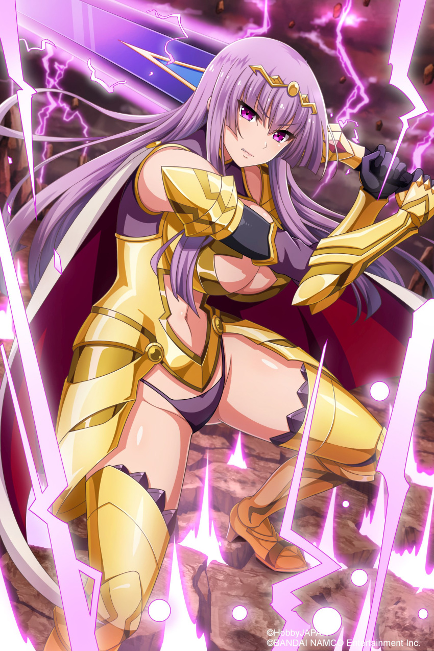 1girl absurdres armor armored_boots artist_request bangs boots breasts cape circlet claudette_(queen's_blade) company_connection gold_armor highres holding holding_sword holding_weapon large_breasts lips long_hair looking_at_viewer navel official_art purple_eyes purple_hair queen's_blade queen's_blade_unlimited queen's_blade_white_triangle shoulder_armor sidelocks solo spaulders sword thighs underwear vambraces weapon