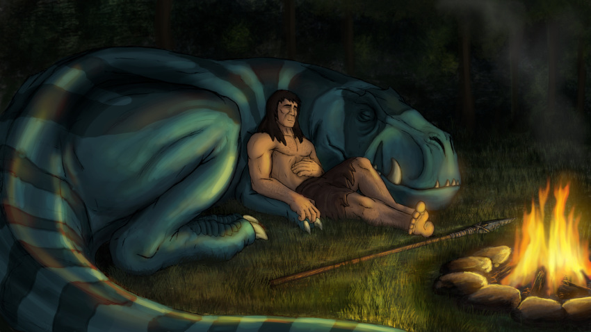 ambiguous_gender black_hair campfire caveman claws dinosaur duo eyes_closed fang_(primal) feral fire fur_clothing hair hand_holding hi_res human ijoe male mammal melee_weapon muscular muscular_male painted_background polearm primal_(series) reptile scalie sharp_claws sharp_teeth sleeping source_request spear spear_(primal) striped_body stripes teeth theropod tyrannosaurid tyrannosaurus tyrannosaurus_rex weapon