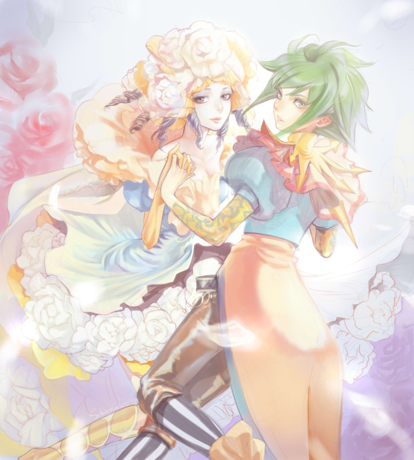 2girls asellus_(saga_frontier) breasts brown_hair cleavage closed_mouth commentary_request dress flower gloves green_eyes green_hair highres holding_hands interlocked_fingers long_hair looking_at_viewer miruhito_(sakiomiruhito) multiple_girls princess_white_rose rose saga saga_frontier short_hair striped striped_legwear white_flower white_rose