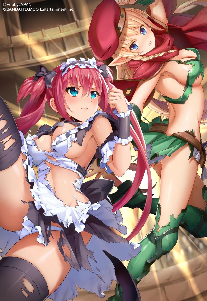 2girls absurdres airi_(queen's_blade) alleyne_(queen's_blade) apron armpits artist_request ass back bangs beret black_bow black_dress black_legwear black_ribbon blonde_hair blue_eyes blush boots bow bowtie braid breasts cleavage cleavage_cutout clenched_teeth clothing_cutout collar company_connection dress elf eyebrows_visible_through_hair frilled_dress frilled_sleeves frills gloves green_gloves green_legwear green_shirt green_skirt hair_ribbon hat highres indoors large_breasts leg_lift long_hair maid maid_apron maid_headdress medium_breasts midriff multiple_girls navel no_bra nose_blush official_art panties pantyshot pleated_dress pointy_ears puffy_short_sleeves puffy_sleeves queen's_blade queen's_blade_unlimited queen's_blade_white_triangle red_bow red_hair red_headwear red_neckwear ribbon sash scarf shirt short_dress short_sleeves side_braid sideboob sidelocks skindentation skirt teeth thighhighs thighs torn_clothes torn_dress twintails two_side_up underboob underwear v-shaped_eyebrows very_long_hair wardrobe_malfunction white_apron white_panties white_sash wrist_cuffs zettai_ryouiki