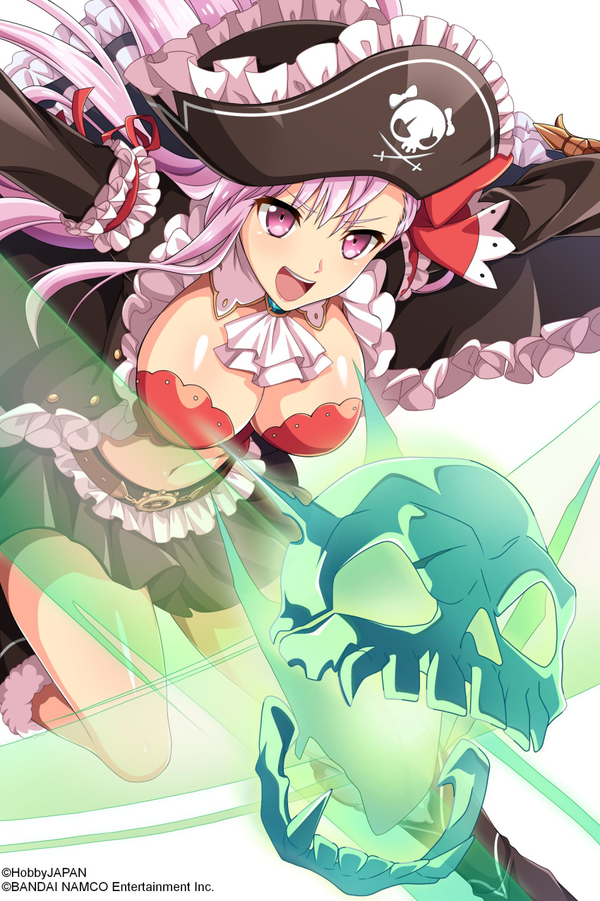1girl absurdres artist_request bangs belt blush boots breasts captain_liliana commentary_request company_connection frills fur_trim hat highres knee_boots large_breasts leg_up long_coat long_hair long_sleeves midriff miniskirt navel official_art open_mouth pink_hair pirate_hat purple_eyes queen's_blade queen's_blade_rebellion queen's_blade_white_triangle shiny shiny_hair shiny_skin simple_background skirt skull skull_print smile solo stomach white_background