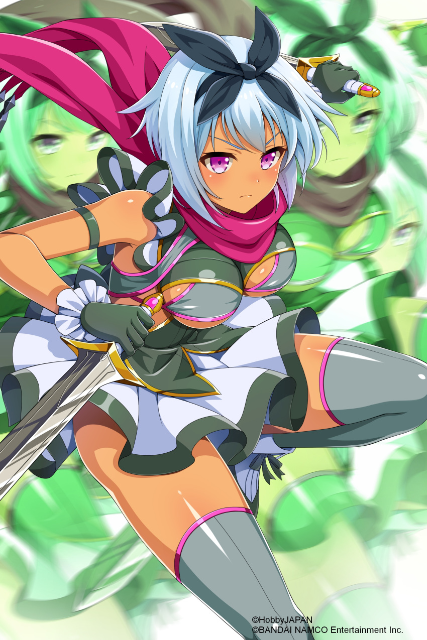 1girl absurdres afterimage artist_request blue_hair blush bow breasts closed_mouth company_connection dagger dark_skin dress dual_wielding grey_legwear hair_bow highres holding holding_weapon irma medium_breasts official_art pink_eyes queen's_blade queen's_blade_unlimited queen's_blade_white_triangle reverse_grip scarf short_dress short_hair short_sword skindentation solo sword thighhighs weapon