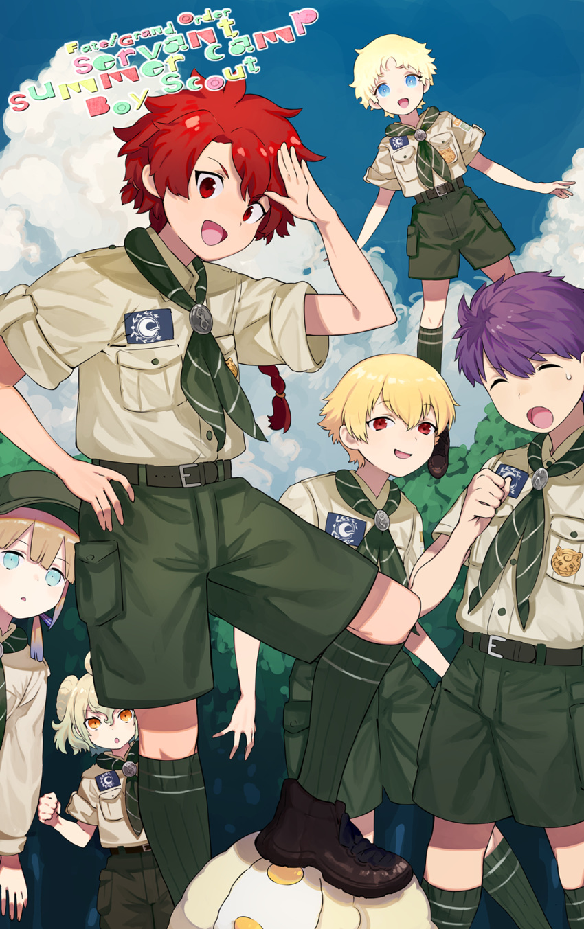 6+boys :d alexander_(fate) apollo_(fate) belt blonde_hair boy_scout braid captain_nemo_(fate/grand_order) chaldea_pathfinder child_gilgamesh cloud fate/grand_order fate/hollow_ataraxia fate/requiem fate_(series) fergus_mac_roich_(young)_(fate/grand_order) flying forest gradient_hair hat highres male_focus matching_outfit multicolored_hair multiple_boys nature open_mouth paris_(fate/grand_order) purple_hair red_hair salute shorts smile stepped_on tetsu_(teppei) voyager_(fate/requiem)