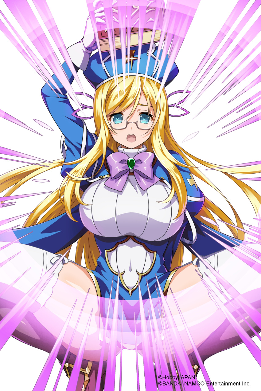 1girl absurdres artist_request bangs blonde_hair blue_dress blue_eyes blush boots bow breasts company_connection covered_navel dress garter_straps glasses gloves hat highres knee_boots large_breasts long_hair long_sleeves looking_at_viewer melpha official_art open_mouth panties puffy_sleeves queen's_blade queen's_blade_unlimited queen's_blade_white_triangle shiny shiny_hair shiny_skin solo thighhighs underwear white_background white_gloves white_legwear