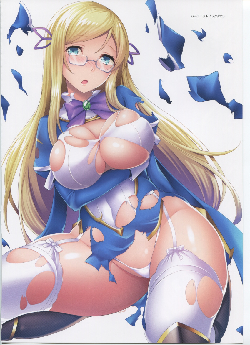 1girl artbook blonde_hair blue_dress blue_eyes blush boots bow bowtie breasts defeat dress garter_straps gloves hat highres juliet_sleeves knee_boots large_breasts long_hair long_sleeves looking_at_viewer melpha no_bra nun official_art open_mouth panties puffy_sleeves queen's_blade queen's_blade_unlimited queen's_blade_white_triangle rimless_eyewear scan sidelocks solo thighhighs thong torn_clothes torn_dress torn_hat torn_legwear underboob underwear white_legwear white_panties
