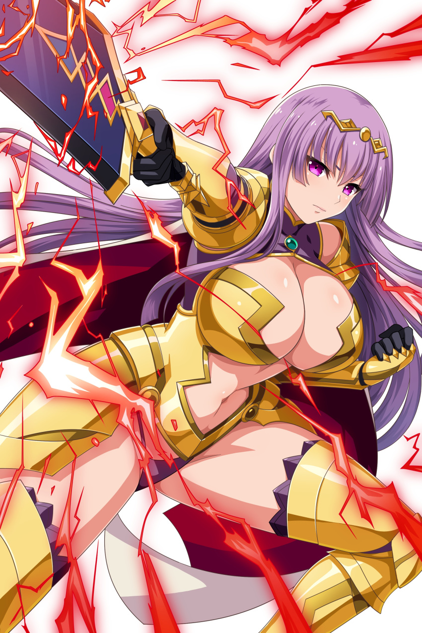 1girl absurdres armor artist_request bangs bikini_armor black_gloves breasts cape circlet claudette_(queen's_blade) closed_mouth company_connection eyebrows_visible_through_hair gauntlets gloves greaves hair_ornament highres holding holding_sword holding_weapon large_breasts long_hair looking_at_viewer official_art purple_eyes purple_hair queen's_blade queen's_blade_unlimited queen's_blade_white_triangle solo sword thighhighs weapon