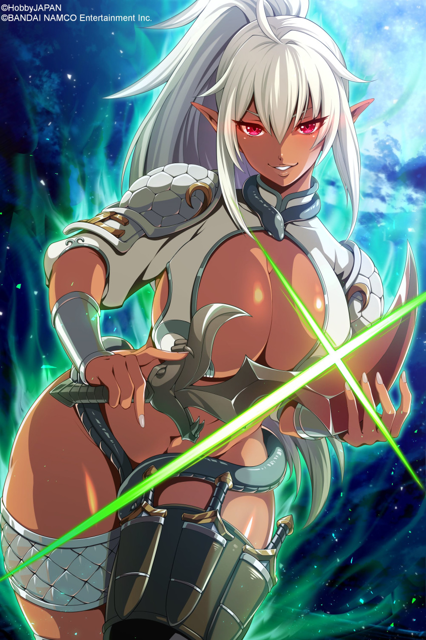 1girl absurdres ahoge armor artist_request bangs breasts cleavage company_connection dagger dark_elf dark_skin echidna_(queen's_blade) elf evil_smile fingernails glint glowing glowing_eyes greaves highres holding holding_sword holding_weapon holster huge_breasts long_hair looking_at_viewer moon navel night night_sky no_panties official_art outdoors parted_lips pointy_ears ponytail queen's_blade queen's_blade_unlimited queen's_blade_white_triangle red_eyes revealing_clothes shiny shiny_skin short_sleeves shoulder_armor silver_hair silver_nails simple_background sky smile snake solo sword thigh_holster thighs tied_hair vambraces weapon