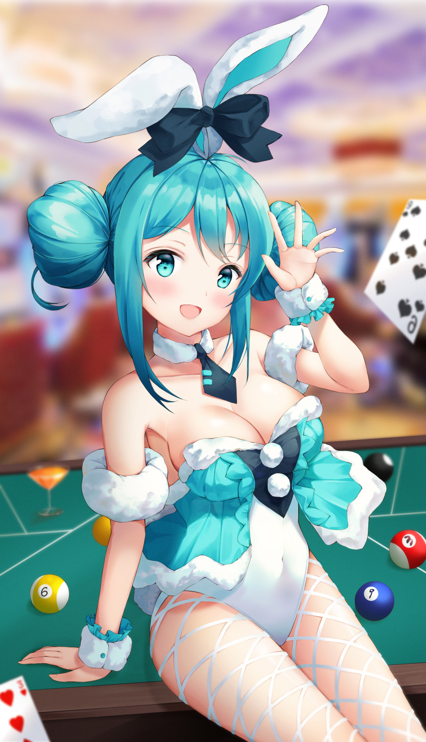 1girl absurdres animal_ears aqua_eyes aqua_hair armband bicute_bunnies_miku blurry blurry_background blush breasts bunny_ears bunny_girl bunnysuit card cleavage collar commentary covered_navel cue_ball double_bun ear_ribbon fishnet_legwear fishnets hatsune_miku highres huge_filesize indoors kotomaru_(sirouko9511) medium_breasts mini_necktie open_mouth pantyhose playing_card sidelocks sitting solo vocaloid waving wrist_cuffs