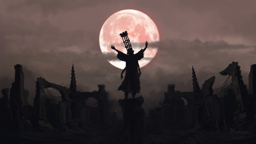 1boy arms_up bloodborne brown_robe brown_sky cage cloud cloudy_sky commentary from_behind full_moon helmet highres micolash_host_of_the_nightmare moon night outstretched_arms pillar robe ruins scenery sky sleeves_past_elbows solo standing tripdancer wide_sleeves