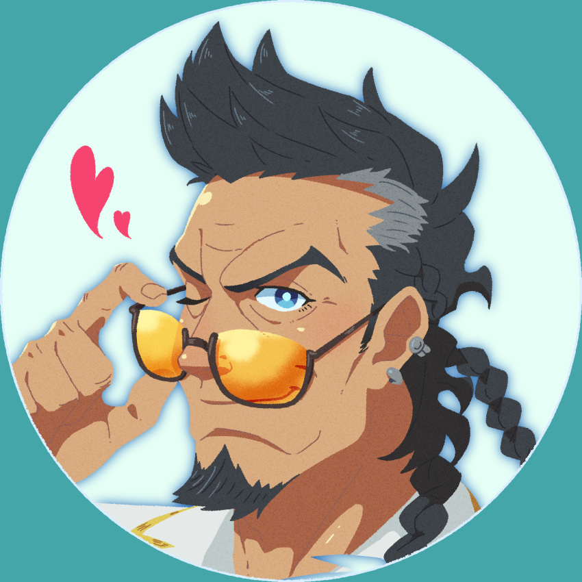 1boy black_hair blue_eyes close-up earrings eyewear_removed face facial_hair goatee granblue_fantasy grey_hair heart highres jewelry looking_at_viewer manly medium_hair multicolored_hair one_eye_closed portrait smile smith_(ardp13) solo two-tone_hair yngwie