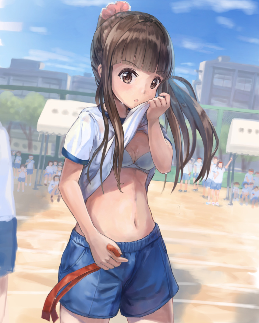 bra breasts brown_eyes brown_hair cityscape gym_shorts gym_uniform highres kyon_(kyouhei-takebayashi) multiple_boys multiple_girls navel original ponytail shirt_lift short_shorts shorts small_breasts solo_focus stomach sweat sweatdrop underwear