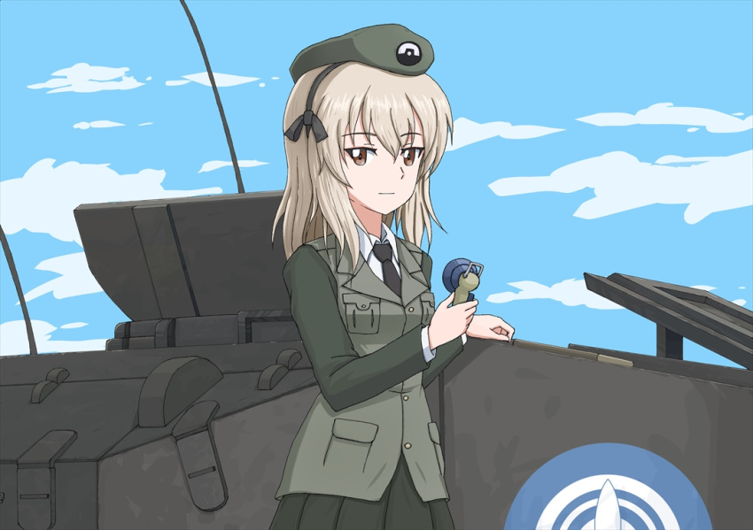 1girl breasts brown_eyes caterpillar_tracks centurion_(tank) cloud day emblem girls_und_panzer ground_vehicle hair_ribbon hat light_brown_hair light_smile looking_at_viewer military military_uniform military_vehicle motor_vehicle necktie omachi_(slabco) ribbon selection_university_(emblem) selection_university_military_uniform shimada_arisu shirt skirt sky small_breasts tank tank_turret uniform