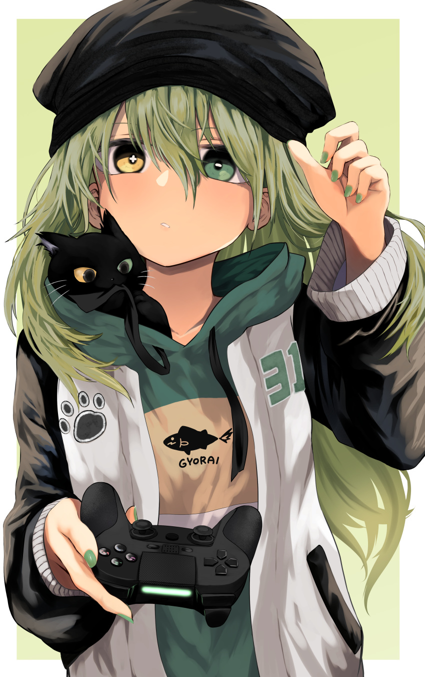 +_- 1girl absurdres animal animal_in_clothes bangs beret biting black_cat black_headwear cat commentary controller drawstring eyebrows_visible_through_hair game_controller green_background green_eyes green_hair green_hoodie green_nails hair_between_eyes hand_up hat heterochromia highres holding hood hood_down hoodie jacket kamatama kuso_zako_choroin_nishiga_hachi long_hair long_sleeves nail_polish open_clothes open_jacket saiba_mirai sleeves_past_wrists solo symbol_commentary two-tone_background very_long_hair white_background white_jacket yellow_eyes