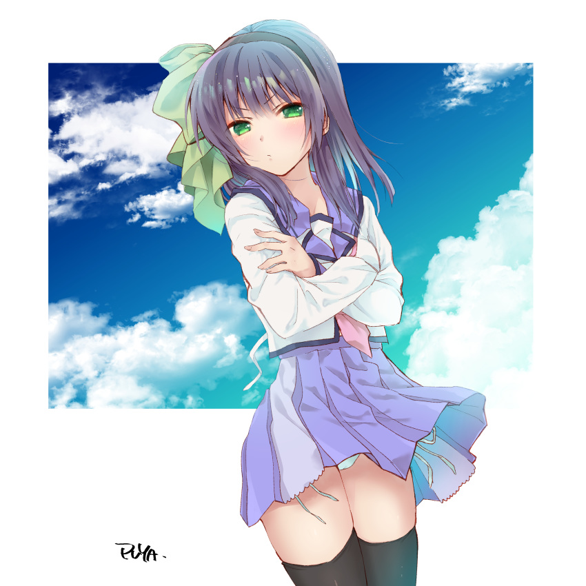 1girl absurdres angel_beats! artist_name black_legwear blue_sailor_collar blue_skirt blue_sky bow breasts cloud commentary_request crossed_arms green_eyes hair_bow hairband highres medium_breasts neck_ribbon pink_neckwear pleated_skirt purple_hair puya ribbon sailor_collar school_uniform serafuku shinda_sekai_sensen_uniform skirt sky solo standing thighhighs yuri_(angel_beats!)