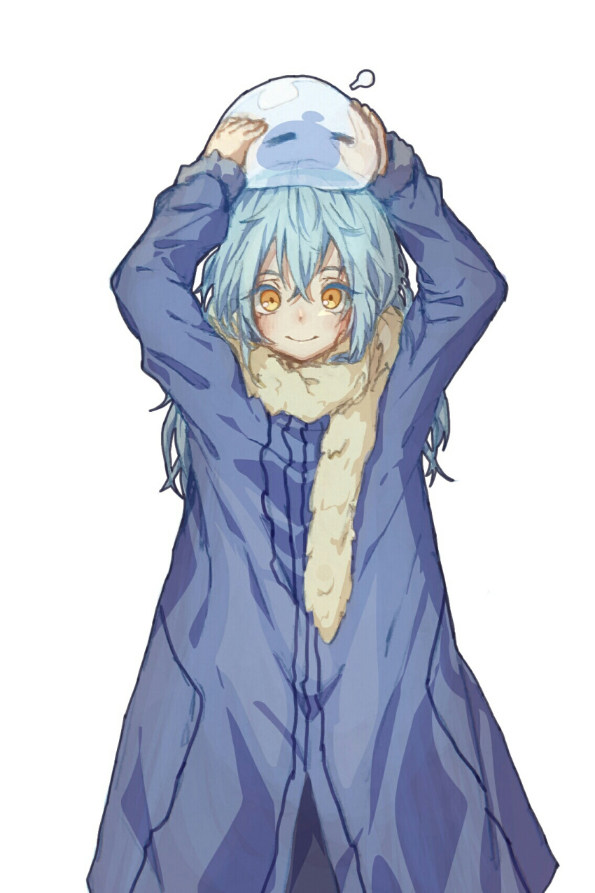 1other androgynous bangs blue_hair closed_mouth dual_persona eyebrows_visible_through_hair fur fur_collar fur_trim hair_between_eyes hands_above_head highres long_hair looking_at_viewer rimuru_tempest scarf simple_background slime smile tensei_shitara_slime_datta_ken white_background yellow_eyes yilocity