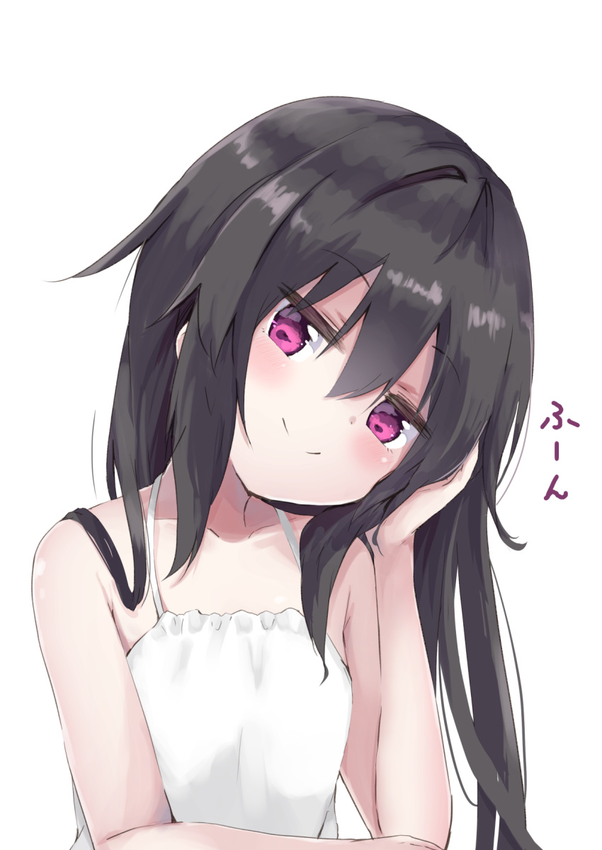 1girl amano_kouki bangs bare_arms bare_shoulders black_hair blush closed_mouth commentary_request dress eyebrows_visible_through_hair hair_between_eyes hand_up head_tilt highres long_hair looking_at_viewer note-chan original purple_eyes simple_background sleeveless sleeveless_dress smile solo translation_request upper_body white_background white_dress