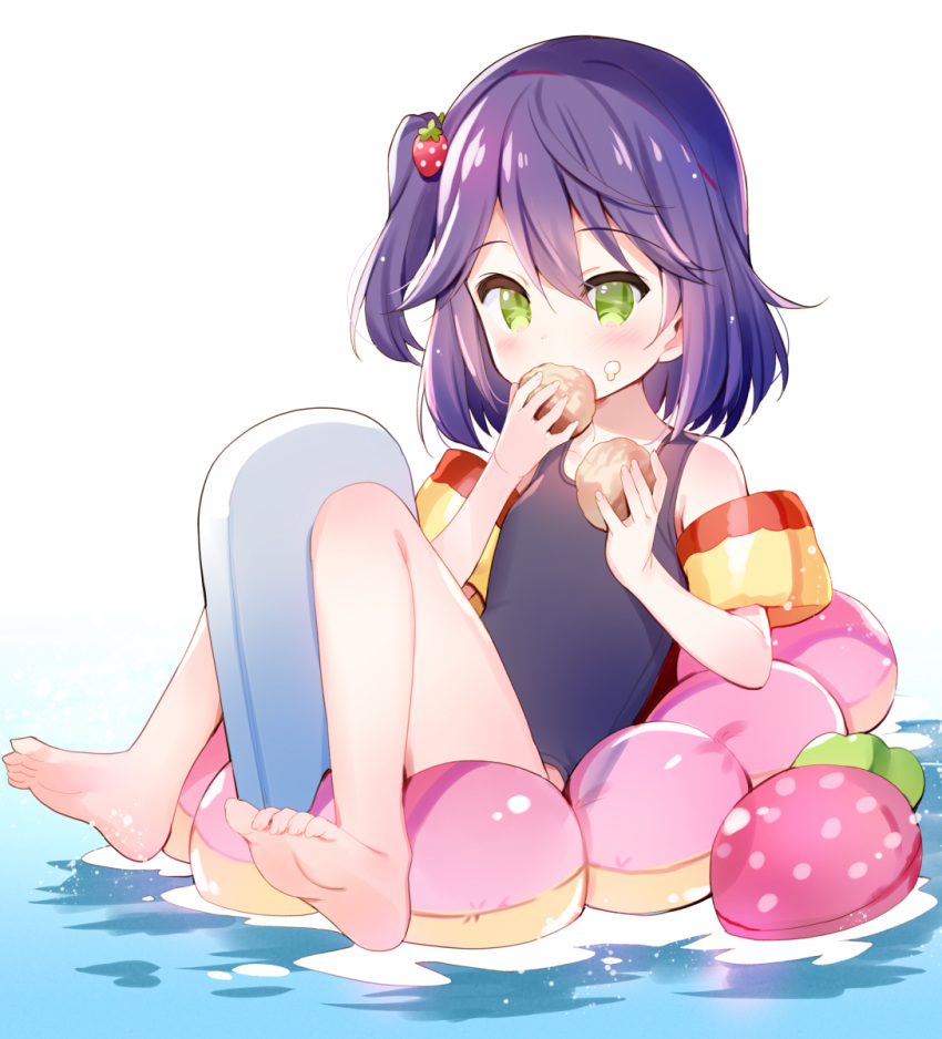 1girl bangs bare_legs bare_shoulders barefoot black_swimsuit blush eating eyebrows_visible_through_hair food food_themed_hair_ornament full_body genderswap genderswap_(mtf) green_eyes hair_between_eyes hair_ornament highres holding holding_food inflatable_armbands inflatable_toy innertube kenmochi_touya kickboard knees_up meito_(maze) nijisanji one-piece_swimsuit one_side_up purple_hair school_swimsuit soles solo strawberry_hair_ornament swimsuit virtual_youtuber water white_background