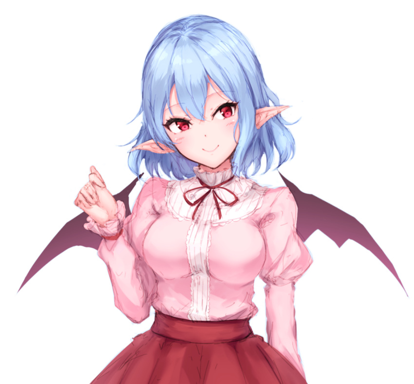 1girl bangs bat_wings blue_hair breasts center_frills commentary frills hair_between_eyes hand_up head_tilt juliet_sleeves junior27016 long_sleeves looking_at_viewer medium_breasts medium_hair pink_shirt pointy_ears puffy_sleeves red_skirt remilia_scarlet shirt simple_background sketch skirt smile solo touhou upper_body white_background wings