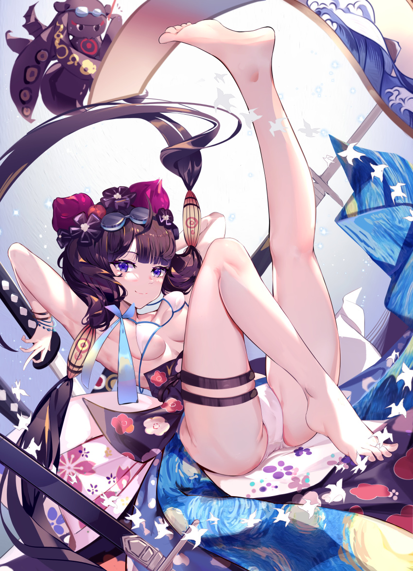 1girl absurdres armpits barefoot bikini black_hair blue_eyes bracelet breasts chinese_commentary closed_mouth commentary_request fate/grand_order fate_(series) flower goggles goggles_on_head hair_flower hair_ornament highres jewelry katana katsushika_hokusai_(swimsuit_saber)_(fate) leg_up looking_at_viewer medium_breasts pixiv_fate/grand_order_contest_1 sheath sheathed short_hair smile solo swimsuit sword toes tokitarou_(fate/grand_order) weapon white_bikini xiaoshan_jiang