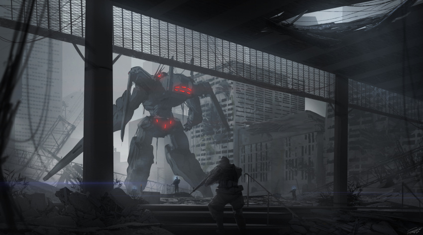 3boys absurdres city dystopia from_behind glowing glowing_eyes gun highres holding holding_gun holding_weapon huge_filesize mecha military multiple_boys original raruru red_eyes science_fiction soldier weapon