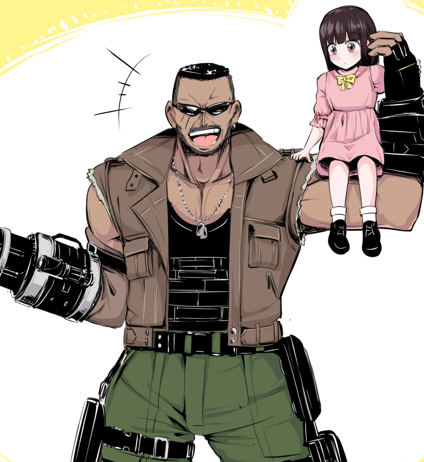 1boy 1girl arm_cannon barret_wallace belt black_hair brown_hair buzz_cut child cowboy_shot dark_skin dark_skinned_male dog_tags dress ear_piercing earrings father_and_daughter final_fantasy final_fantasy_vii final_fantasy_vii_remake grin highres jewelry marlene_wallace muscle open_mouth piercing pink_dress pocket ribbon shimure_(460) shoes sitting_on_arm smile socks sunglasses vest weapon