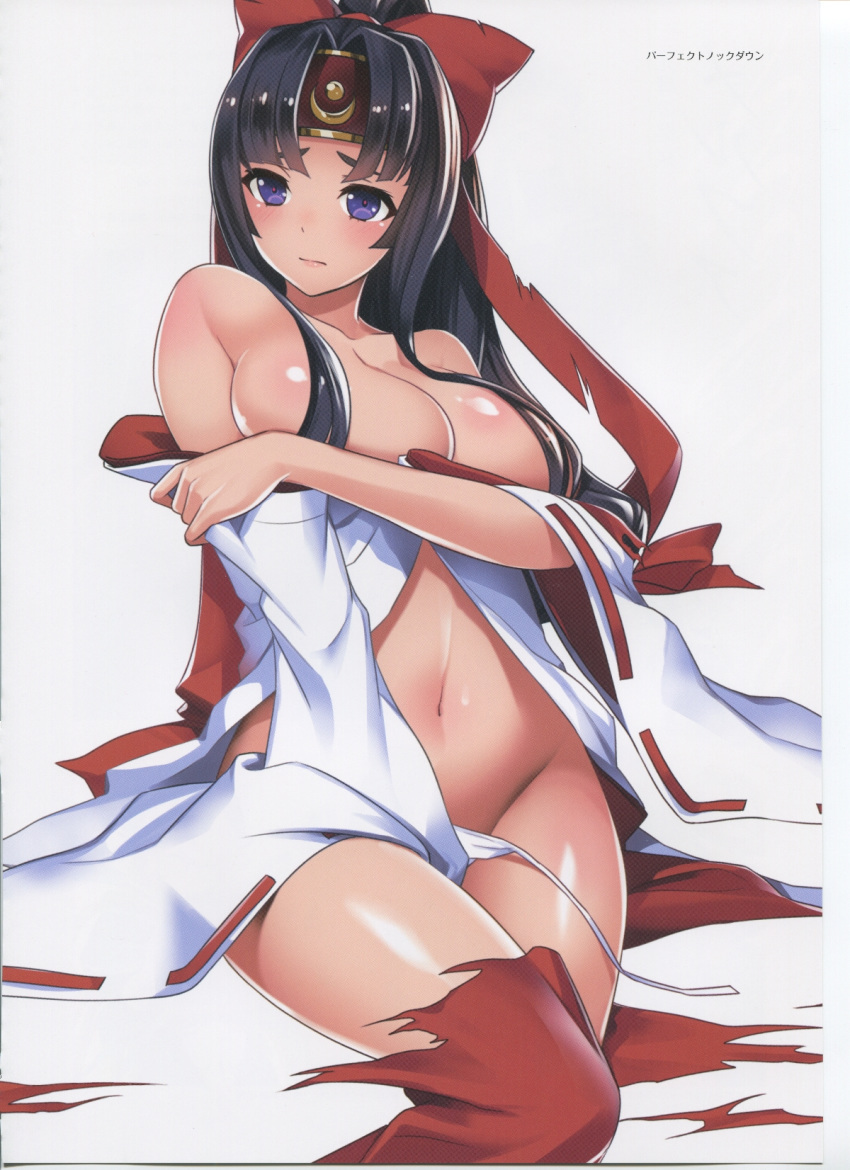 1girl artbook artist_request bangs black_hair blush bow breasts breasts_outside collarbone convenient_censoring defeat eyebrows_visible_through_hair groin hair_bow hair_ribbon hakama headband highres hip_vent japanese_clothes large_breasts long_hair long_sleeves low-tied_long_hair miko navel no_bra official_art open_clothes parted_bangs ponytail purple_eyes queen's_blade queen's_blade_unlimited queen's_blade_white_triangle red_hakama ribbon ribbon-trimmed_sleeves ribbon_trim scan scan_artifacts sidelocks solo sword tied_hair tomoe torn_clothes weapon wide_sleeves