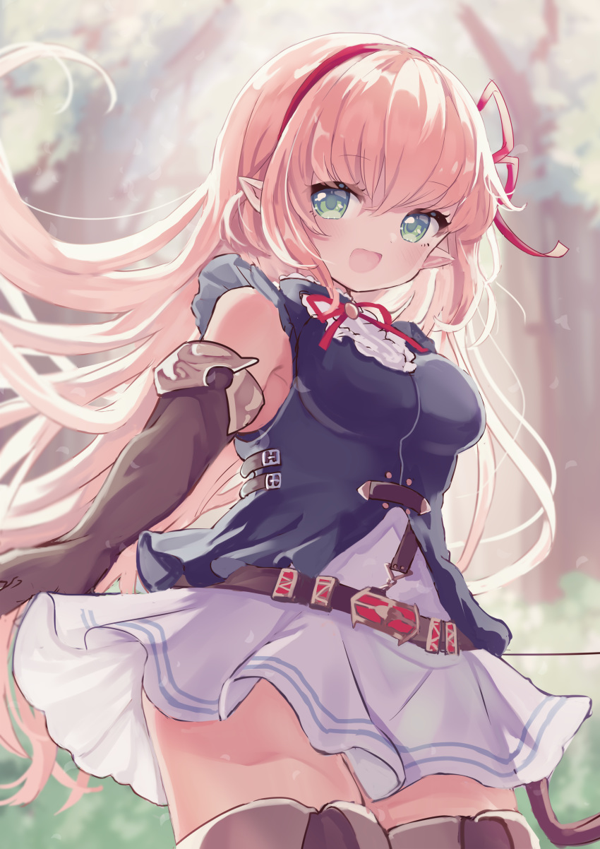 1girl :d absurdres arisa_(shadowverse) bangs blue_shirt blurry blurry_background bow_(weapon) breasts brown_gloves brown_hair brown_legwear day depth_of_field elbow_gloves elf eyebrows_visible_through_hair floating_hair gloves green_eyes hair_between_eyes hair_ribbon hairband highres karunabaru long_hair looking_at_viewer medium_breasts open_mouth outdoors pleated_skirt pointy_ears red_hairband red_ribbon ribbon shadowverse shirt skirt sleeveless sleeveless_shirt smile solo thighhighs tree very_long_hair weapon white_skirt