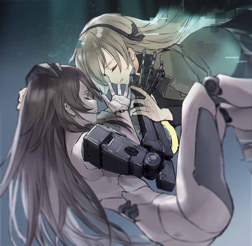 2girls amputee android blonde_hair character_request closed_eyes girls_frontline highres kisetsu mechanical_arm mechanical_legs multiple_girls multiple_views ump40_(girls_frontline) ump45_(girls_frontline) yuri