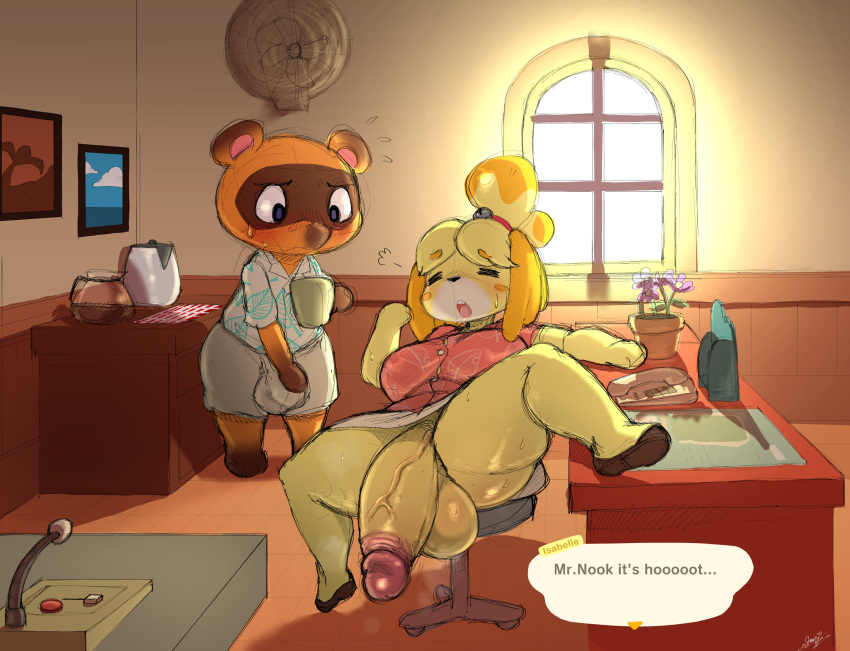 2020 absurd_res accessory animal_crossing anthro balls beverage big_balls big_penis biped blush blush_stickers bodily_fluids bottomwear breasts brown_body brown_clothing brown_footwear brown_fur bulge canid canine canis chair clothed clothing coffee covering covering_crotch covering_self cup desk detailed_background digital_media_(artwork) domestic_dog duo english_text eyebrows eyes_closed floral_shirt footwear fur furniture genitals grey_bottomwear grey_clothing grey_shorts grey_skirt gynomorph hair hair_accessory hair_bell hi_res holding_cup holding_object humanoid_genitalia humanoid_penis inside intersex isabelle_(animal_crossing) kettle male mammal nintendo no_underwear office open_mouth penis phone pink_clothing pink_shirt pink_topwear plant potted_plant presenting presenting_penis raccoon_dog raised_clothing raised_leg raised_skirt shih_tzu shirt shoes shorts signature sitting sitting_on_chair skirt speech_bubble spread_legs spreading standing starykrow steam sweat tanuki teeth text thick_eyebrows thick_thighs tom_nook_(animal_crossing) topwear toy_dog vein veiny_penis video_games window yellow_body yellow_fur