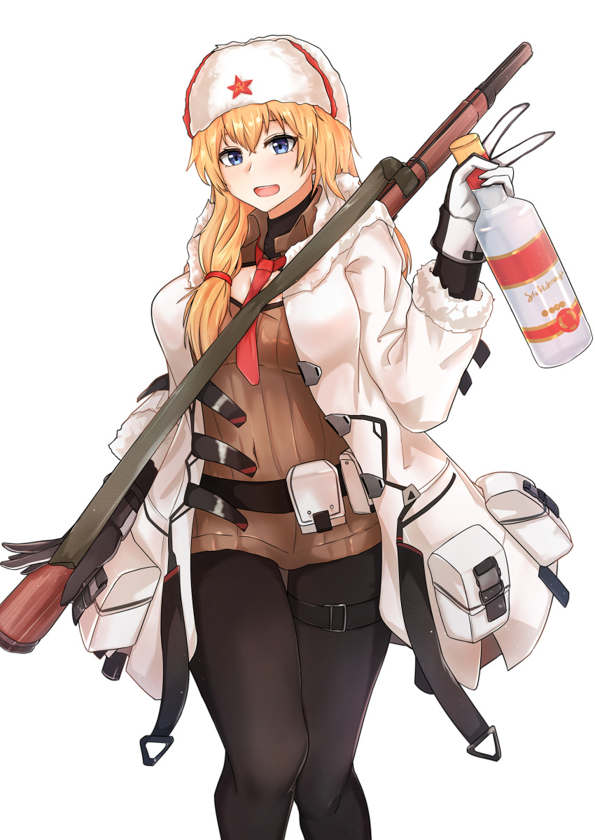 1girl :d absurdres alcohol alternate_costume black_legwear blonde_hair blue_eyes bolt_action bottle coat commentary_request eyebrows_visible_through_hair feet_out_of_frame fur_collar fur_hat fur_trim girls_frontline gloves gun hat highres holding holding_bottle huge_filesize long_hair looking_at_viewer mod3_(girls_frontline) mosin-nagant mosin-nagant_(girls_frontline) muteppona_hito necktie open_clothes open_coat open_mouth pantyhose parted_lips red_neckwear red_star rifle side_ponytail smile sniper_rifle solo_focus thigh_strap ushanka v vodka weapon weapon_on_back white_background white_coat white_headwear