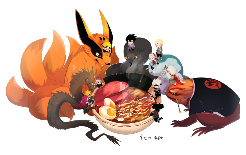 3girls 6+boys architecture black_eyes black_hair blonde_hair blue_eyes bowl brown_hair carrying chopsticks dress drooling east_asian_architecture egg food forehead_protector fox gloves green_eyes haruno_sakura hatake_kakashi headband highres holding_person husband_and_wife jiraiya kurama_(naruto) kyuubi long_hair lying meat multiple_boys multiple_girls multiple_tails namikaze_minato naruto naruto_(series) naruto_shippuuden noodles on_stomach pink_hair ponytail princess_carry ramen red_eyes red_hair rotka saliva sandals simple_background sitting slug snake spiked_hair standing tail toad_(animal) tsunade uchiha_sasuke umino_iruka uzumaki_kushina uzumaki_naruto vest white_background white_hair yamato_(naruto)