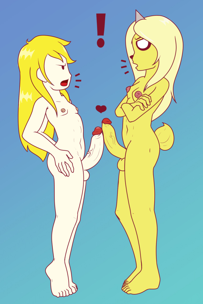 ! &lt;3 2:3 adventure_time anthro balls breasts bronwyn canid canine cartoon_network duo finn_the_human frottage genitals gynomorph gynomorph/male hi_res human intersex intersex/male kamikiller male mammal nude penis rainicorn sex