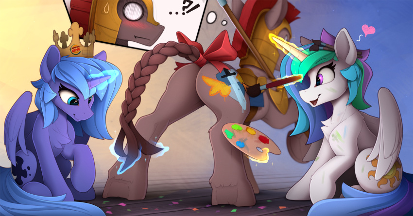 armor bow brush confetti crown cutie_mark embarrassed equid equine female feral friendship_is_magic group hasbro hi_res horn horse magic male mammal melee_weapon my_little_pony paint polearm pony princess_celestia_(mlp) princess_luna_(mlp) royal_guard_(mlp) royalty spear weapon winged_unicorn wings yakovlev-vad young