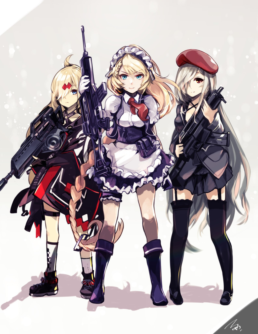 3girls apron assault_rifle beret blonde_hair blue_eyes boots drum_magazine g36_(girls_frontline) g36c_(girls_frontline) girls_frontline gloves grey_hair gun h&amp;k_g36 hat highres long_braid long_hair machine_gun maid maid_apron maid_headdress mg36_(girls_frontline) mineta_naoki multiple_girls one_eye_covered red_eyes rifle siblings sisters weapon