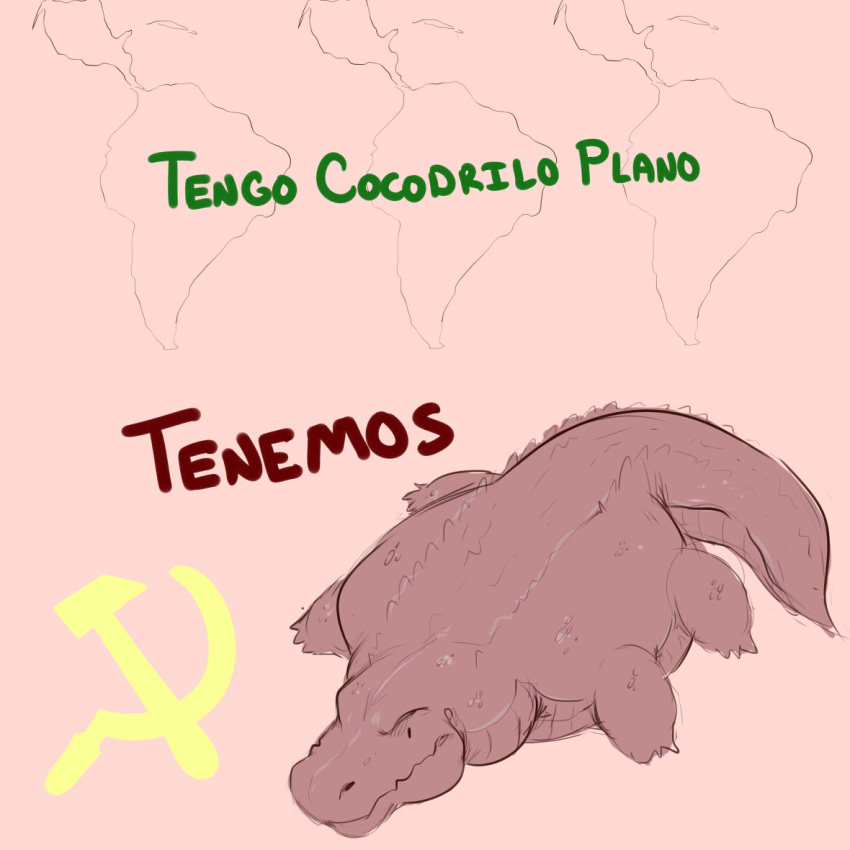 1:1 2020 communism continent country crocodile crocodilian crocodylid digital_media_(artwork) feral hammer_and_sickle koorivlf lying meme on_front pink_background politics quadruped reptile scales scalie simple_background sketch solo spanish_text text