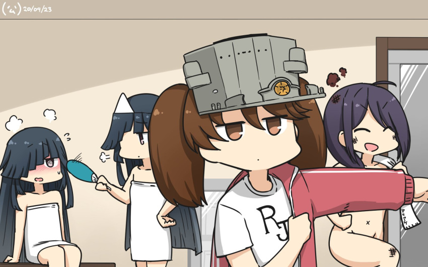 4girls @_@ ahoge ariake_(kantai_collection) bench black_hair brown_eyes closed_eyes clothes_writing convenient_censoring door dual_persona fan fanning ghost hair_over_one_eye hamu_koutarou hayashimo_(kantai_collection) highres jacket kantai_collection long_hair multiple_girls nude paper_fan red_jacket ryuujou_(kantai_collection) shirt smile t-shirt towel track_jacket triangular_headpiece twintails uchiwa undressing upper_body very_long_hair visor_cap white_towel x_navel