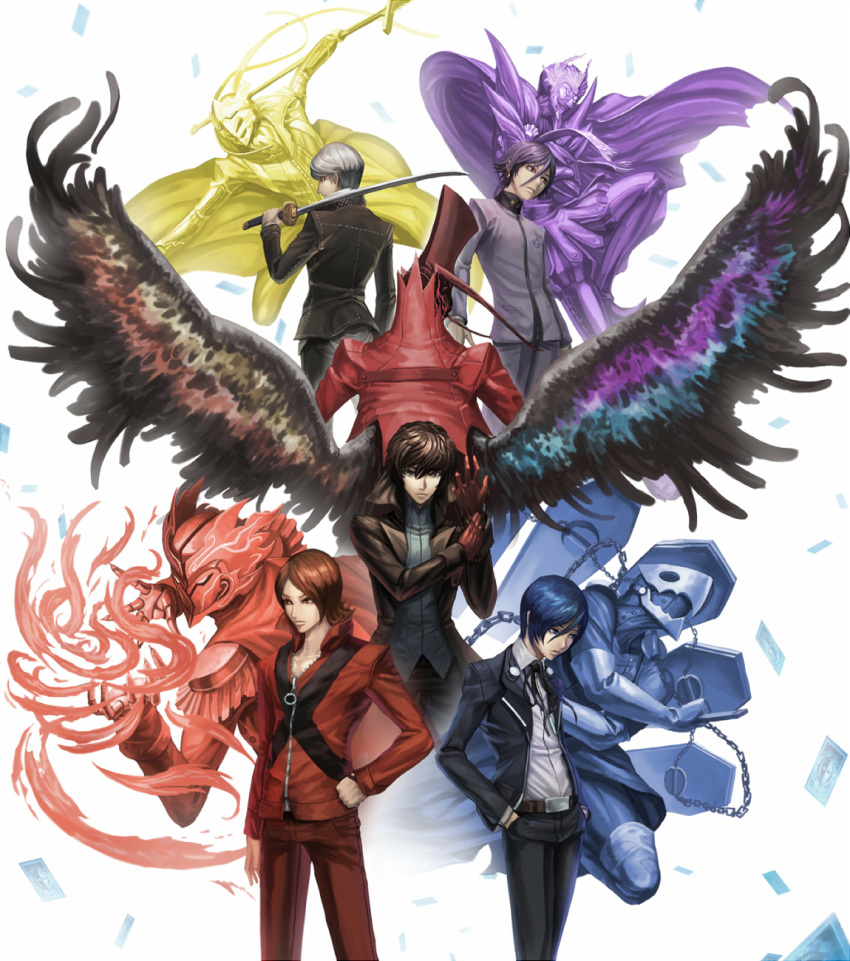 5boys amamiya_ren anniversary arsene_(persona_5) back-to-back belt black_coat black_eyes blue_eyes blue_hair brown_eyes brown_hair cape card chain character_request closed_mouth coat feathered_wings fire gloves grey_hair hair_between_eyes hand_on_hip hands_in_pockets hat highres holding holding_polearm holding_sword holding_weapon izanagi_(persona_4) katana male_focus mask multiple_boys narukami_yuu over_shoulder persona persona_2 persona_3 persona_4 persona_5 pointy_footwear polearm purple_hair red_gloves saikoro_(et1312) school_uniform standing sword sword_over_shoulder thanatos_(persona) top_hat uniform weapon weapon_over_shoulder wings yuuki_makoto zipper zipper_pull_tab