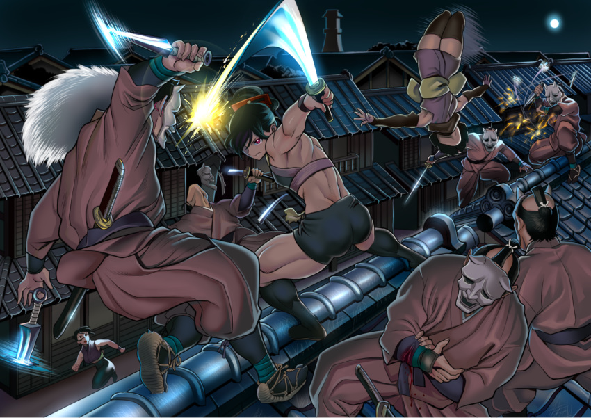 3girls 6+boys action ankle_wrap architecture arm_guards armpits ass bangs battle black_hair black_legwear black_shorts bodystocking broken broken_mask broken_weapon building city crop_top cuts detached_sleeves dual_wielding east_asian_architecture facing_away falling flat_chest frown full_moon fur gesogeso hair_ornament hair_over_one_eye halterneck hannya holding holding_sword holding_weapon house injury japanese_clothes jumping kimono kneehighs kotetsu_(gesogeso) kunai looking_at_another looking_away looking_to_the_side looking_up mask mask_removed midriff moon motion_lines multiple_boys multiple_girls muscle muscular_female night night_sky ninja obi on_roof one_eye_covered one_knee oni_mask original outdoors outstretched_arm pants pelt ponytail purple_kimono red_eyes retsu_(gesogeso) reverse_grip road rooftop running sandals sash scarf sheath sheathed short_hair short_kimono shorts shuriken sidelocks sky slash slashing sleeveless squatting sword tabi thighhighs throwing topknot towel unsheathed upside-down waraji weapon wooden_house wrist_wrap wristband zantetsu_(gesogeso) zettai_ryouiki