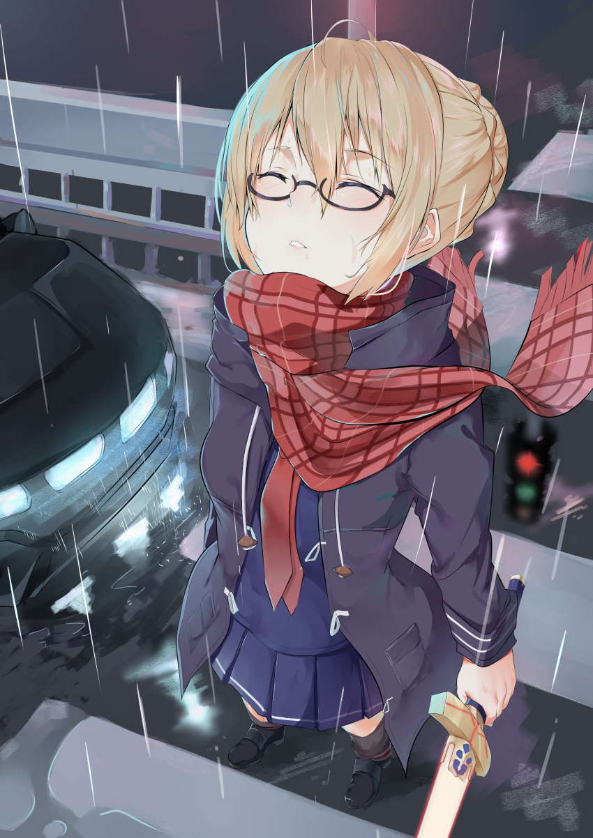 1girl absurdres ahoge artoria_pendragon_(all) bangs blonde_hair blue_jacket blue_skirt car closed_eyes commentary contemporary crosswalk dutch_angle fate/grand_order fate_(series) from_above glasses ground_vehicle hair_bun highres holding holding_sword holding_weapon huge_filesize jacket motor_vehicle mysterious_heroine_x_(alter) night open_clothes open_jacket outdoors parted_lips plaid plaid_scarf pleated_skirt rain red_scarf reflection road scarf semi-rimless_eyewear sidelocks skirt solo standing sword water weapon wet zeppeki_shoujo