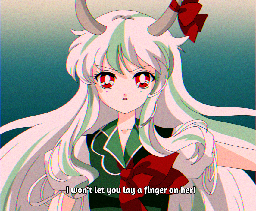 1990s_(style) 1girl bow caved collared_dress dress ex-keine green_dress green_hair green_vest hanadi_detazo highres horn_ornament horn_ribbon horns imperishable_night kamishirasawa_keine long_hair multicolored_hair puffy_short_sleeves puffy_sleeves red_bow red_eyes red_neckwear ribbon shirt short_sleeves solo source_quote subtitled touhou two-tone_hair vest white_shirt