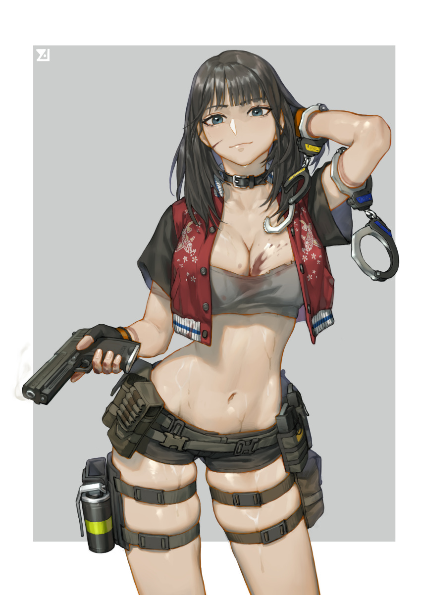 1girl absurdres arm_up belt belt_pouch black_collar black_gloves black_hair blood blood_on_breasts breasts choker cleavage closed_mouth collar collarbone cuffs fingerless_gloves fingernails floral_print gloves guangmi gun handcuffs highres holding holding_gun holding_weapon medium_hair navel pouch shackles shiny shiny_skin short_shorts shorts smile smoke solo sudden_attack sweat thigh_strap torn_clothes two-tone_background weapon