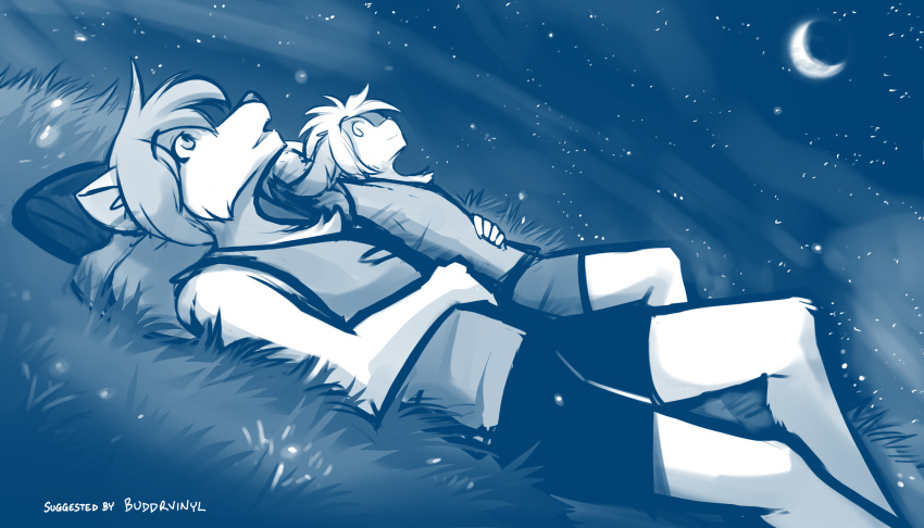 2020 7:4 anthro basitin blue_and_white bottomwear canid canine canis clothed clothing conditional_dnp duo female grass hi_res keidran keith_keiser looking_aside looking_up lying male mammal monochrome moon natani night on_back outside shorts sketch sky smile star tom_fischbach twokinds webcomic wolf