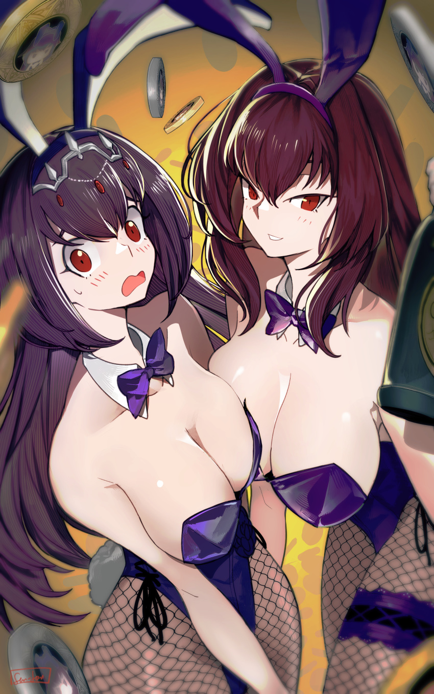 2girls absurdres animal_ears bottle bow bowtie breasts bunny_ears bunny_girl bunnysuit coin cosplay detached_collar fake_animal_ears fate/grand_order fate_(series) fishnet_legwear fishnets hair_intakes hairband highres holding holding_bottle large_breasts leotard long_hair looking_at_viewer multiple_girls piercing_bunny purple_hair purple_hairband purple_leotard purple_neckwear red_eyes scathach_(fate)_(all) scathach_(fate/grand_order) scathach_(fate/grand_order)_(cosplay) scathach_skadi_(fate/grand_order) sen-jou strapless strapless_leotard wrist_cuffs