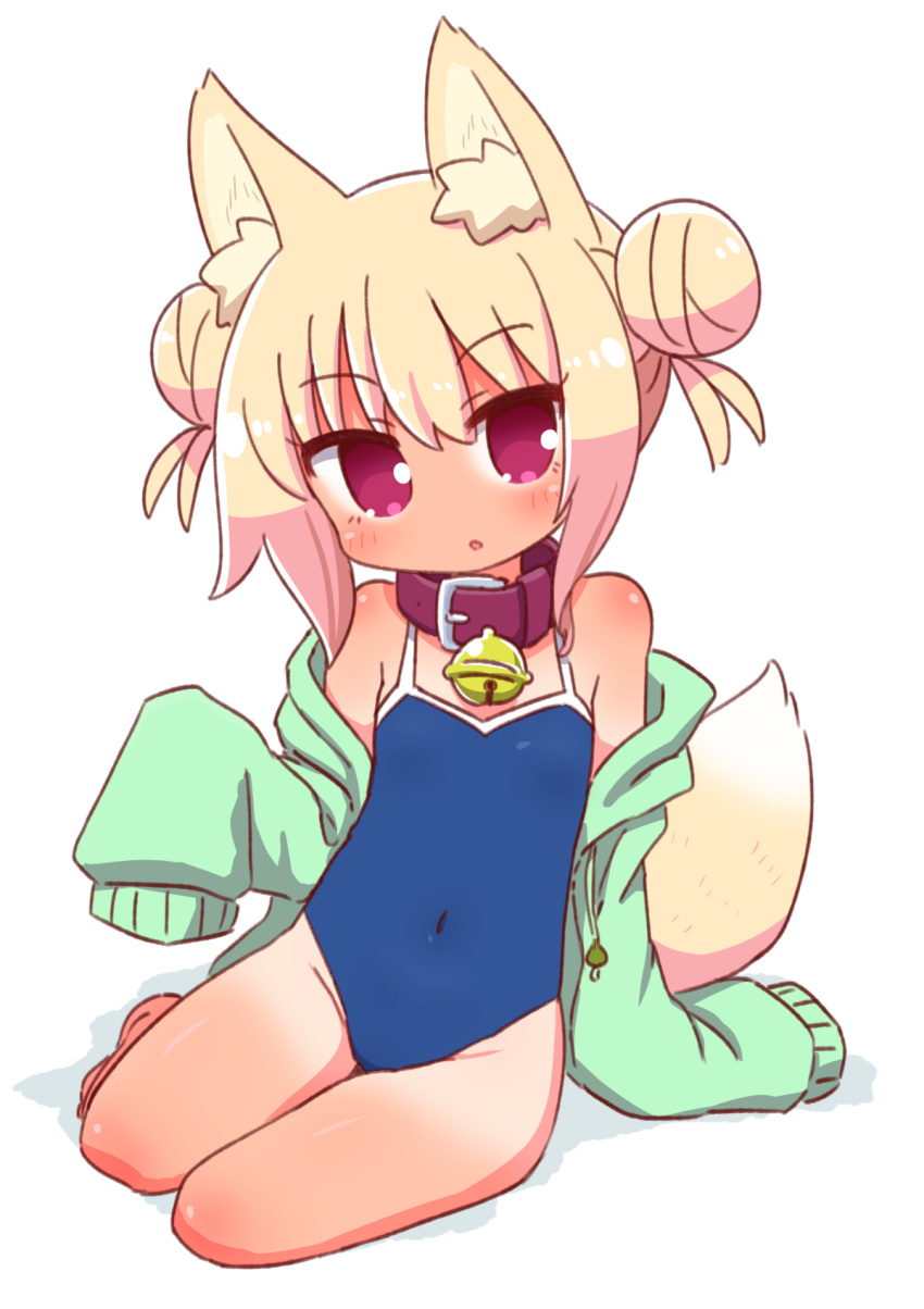 1girl :o animal_ear_fluff animal_ears bare_legs bare_shoulders barefoot bell bell_collar blonde_hair blue_swimsuit blush brown_collar collar competition_school_swimsuit covered_navel double_bun drawstring fox_ears fox_girl fox_tail green_jacket groin highres jacket jingle_bell kemomimi-chan_(naga_u) long_sleeves looking_at_viewer naga_u off_shoulder one-piece_swimsuit open_clothes open_jacket original parted_lips shadow sidelocks sitting sleeves_past_fingers sleeves_past_wrists solo swimsuit tail tan tanline white_background yokozuwari
