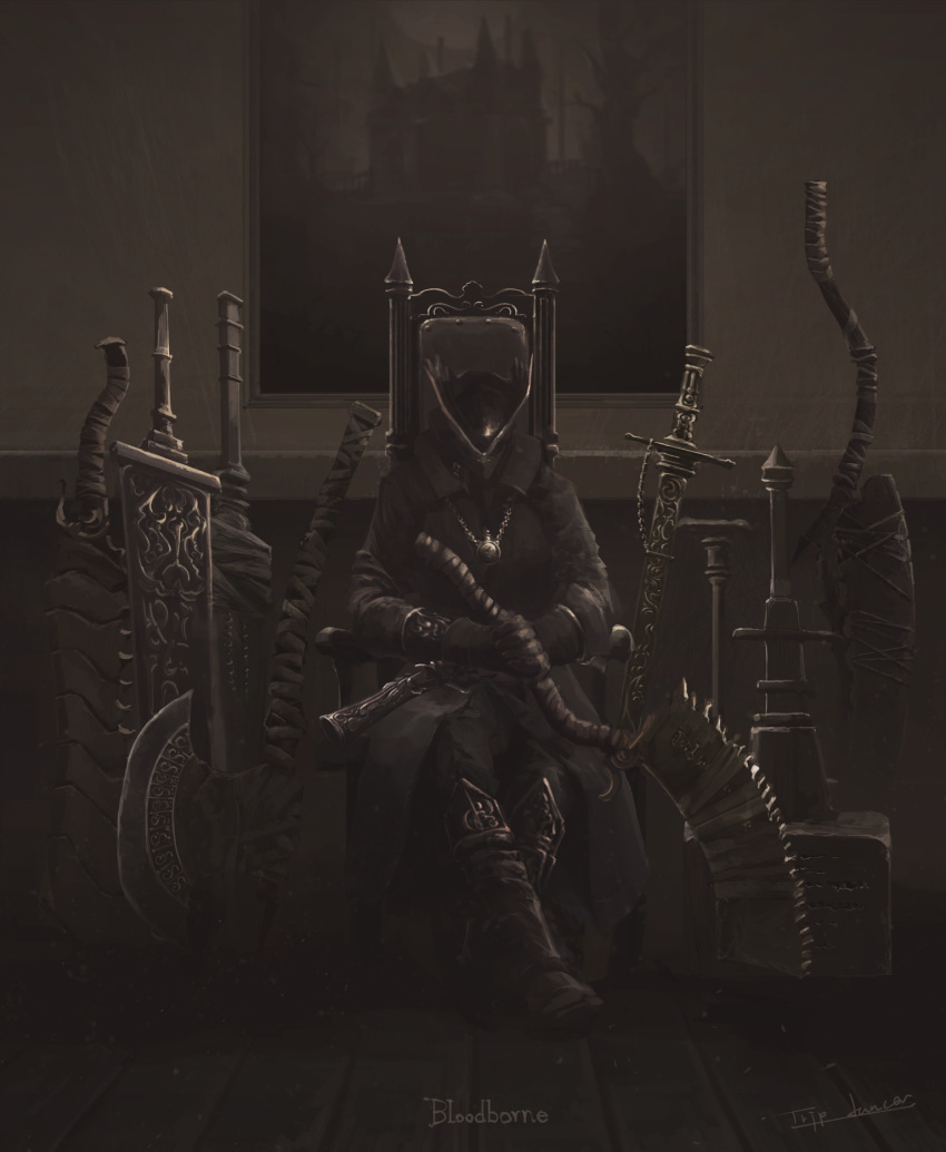 1other ambiguous_gender axe black_headwear bloodborne boots brown_footwear brown_gloves cane castle chair coat commentary copyright_name crossed_legs facing_viewer gem gloves gun hammer hat highres holding holding_weapon hunter_(bloodborne) multiple_weapons on_lap painting_(object) saw_cleaver sitting solo sword threaded_cane tree tricorne tripdancer weapon weapon_request wooden_floor