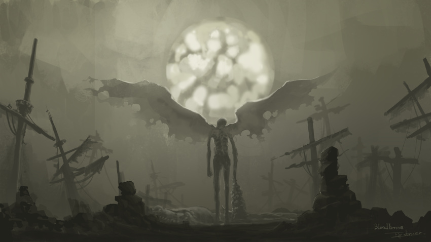 1other ambiguous_gender bloodborne commentary copyright_name facing_away from_behind highres holding moon orphan_of_kos ruins sail scenery sepia ship standing the_old_hunters torn_wings tripdancer watercraft weapon wings