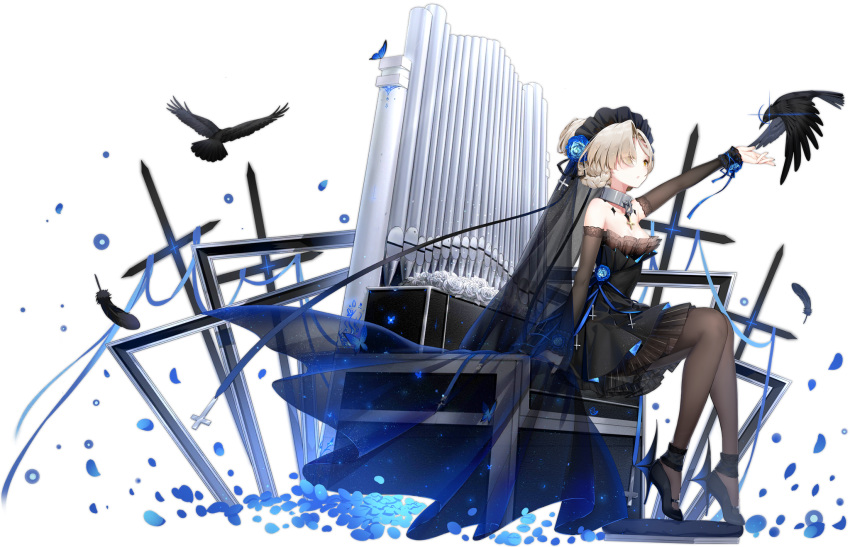 1girl animal arm_up arm_warmers azur_lane bare_shoulders bird black_dress black_footwear blue_flower brown_legwear collar dress flower full_body glint hair_flower hair_ornament high_heels highres instrument layered_dress looking_up maya_g official_art organ pantyhose petals raven_(animal) rose sheffield_(azur_lane) sheffield_(low-cut_elegance)_(azur_lane) short_dress short_hair silver_hair sitting sleeveless sleeveless_dress solo tied_hair transparent_background veil yellow_eyes